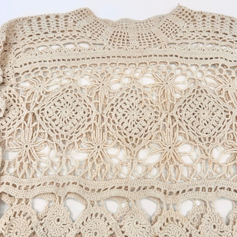 Wms Vintage Crochet Lace Top M Beige Floral Boho Festival Cottagecore - Picture 3 of 8